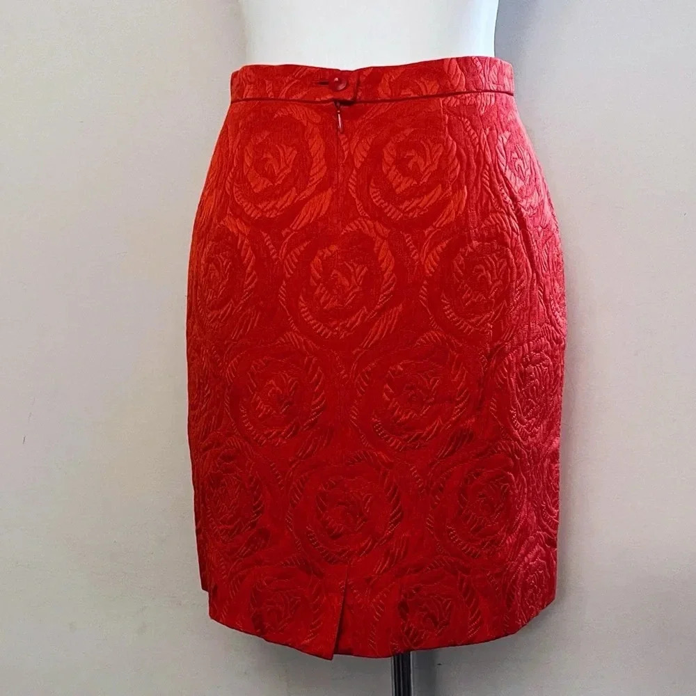 Vintage Escada Couture red floral pencilskirt classic Christmas luxury wool silk - Picture 2 of 5